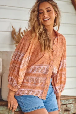 Moni Blouse - Collared Button Down Shirt with Balloon Sleeves in Peachy Print><noscript><img width=