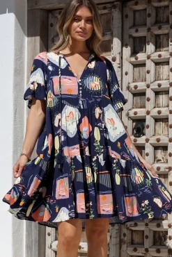 Monique Mini Dress - Mandarin Collar Smock Dress in Kalil Print Navy>Salty Crush