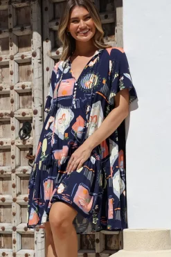 Monique Mini Dress - Mandarin Collar Smock Dress in Kalil Print Navy><noscript><img width=