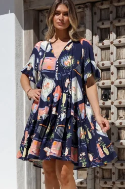 Monique Mini Dress - Mandarin Collar Smock Dress in Kalil Print Navy><noscript><img width=
