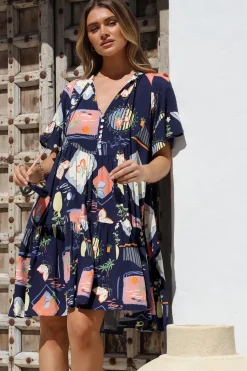 Monique Mini Dress - Mandarin Collar Smock Dress in Kalil Print Navy><noscript><img width=