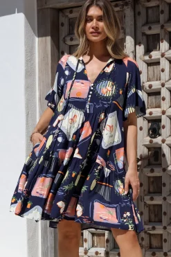 Monique Mini Dress - Mandarin Collar Smock Dress in Kalil Print Navy><noscript><img width=