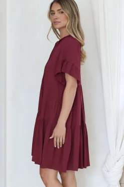 Monique Mini Dress - Mandarin Collar Smock Dress in Wine><noscript><img width=