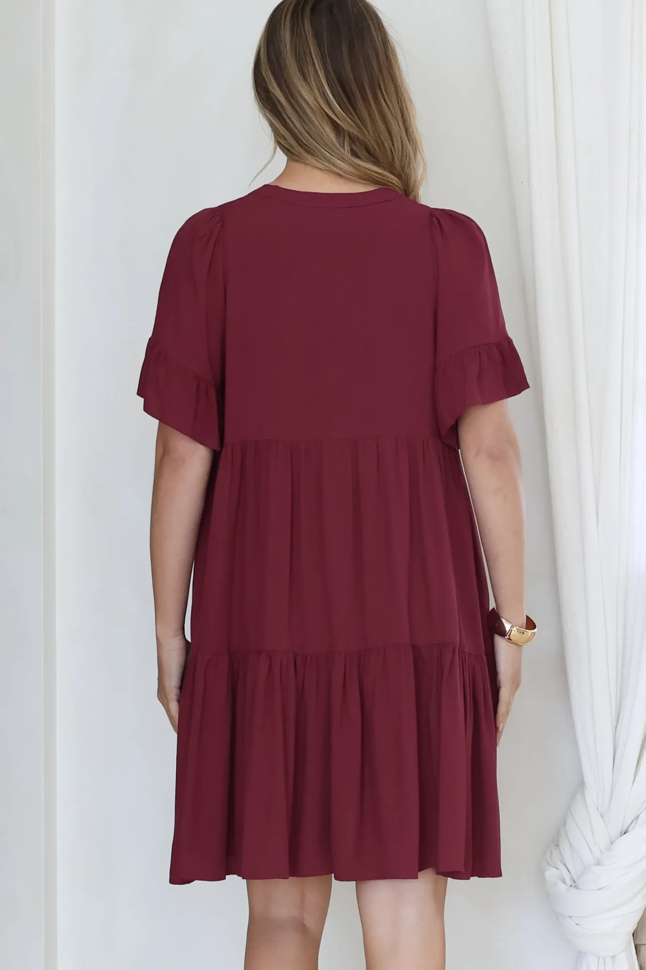 Monique Mini Dress - Mandarin Collar Smock Dress in Wine>Salty Crush Outlet