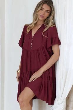 Monique Mini Dress - Mandarin Collar Smock Dress in Wine><noscript><img width=
