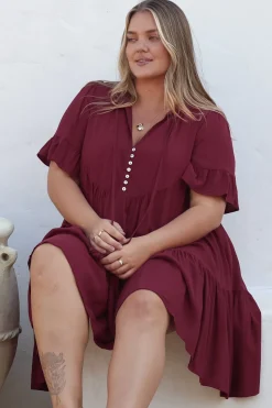 Monique Mini Dress - Mandarin Collar Smock Dress in Wine><noscript><img width=