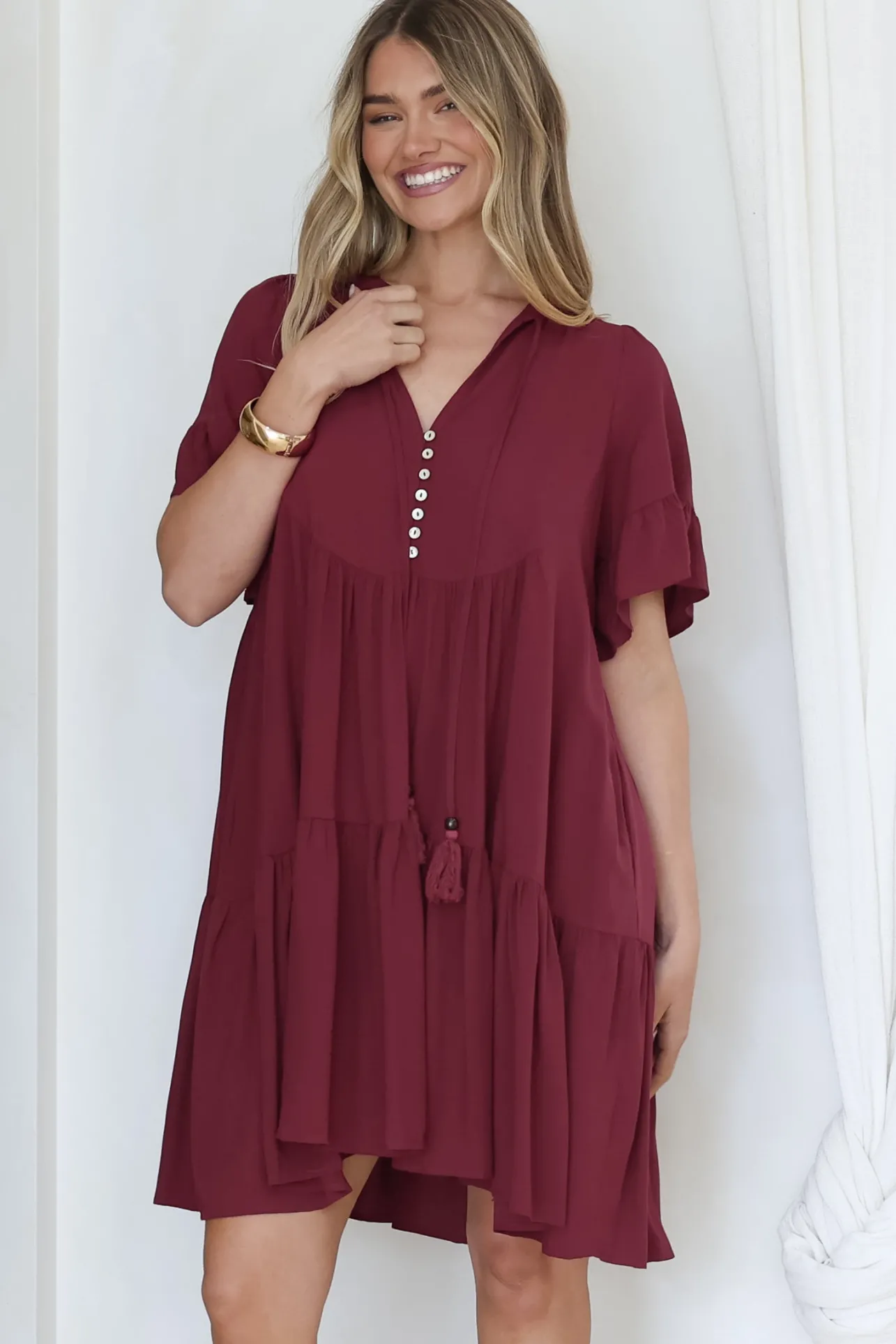 Monique Mini Dress - Mandarin Collar Smock Dress in Wine>Salty Crush Outlet