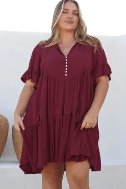 Monique Mini Dress - Mandarin Collar Smock Dress in Wine><noscript><img width=