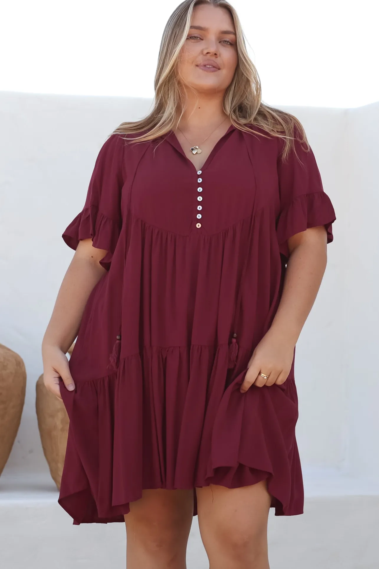 Monique Mini Dress - Mandarin Collar Smock Dress in Wine>Salty Crush Outlet