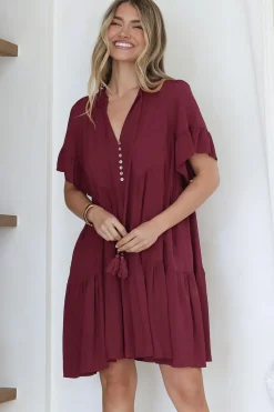Monique Mini Dress - Mandarin Collar Smock Dress in Wine><noscript><img width=