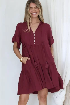Monique Mini Dress - Mandarin Collar Smock Dress in Wine><noscript><img width=
