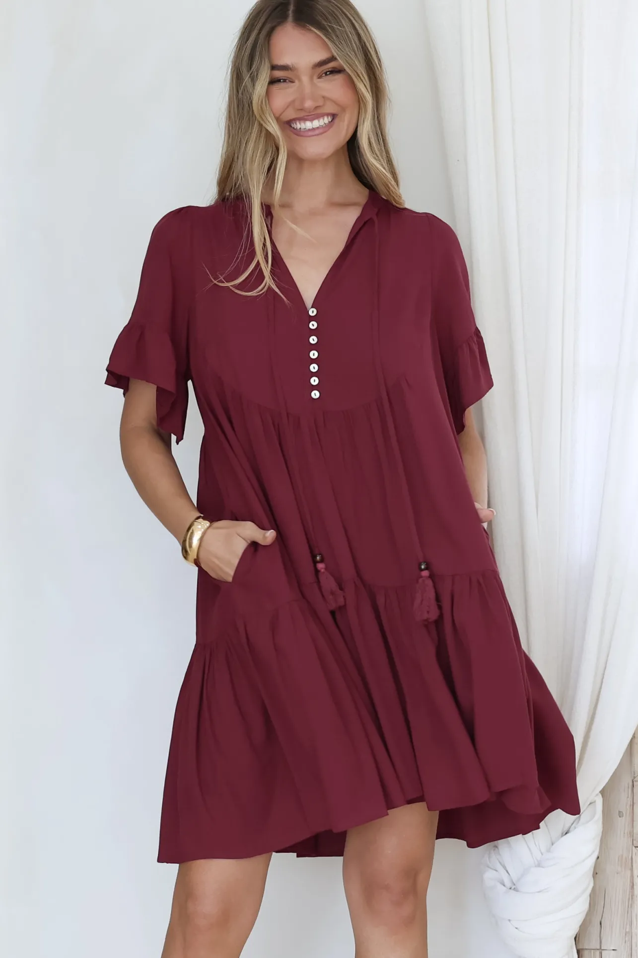 Monique Mini Dress - Mandarin Collar Smock Dress in Wine>Salty Crush Outlet