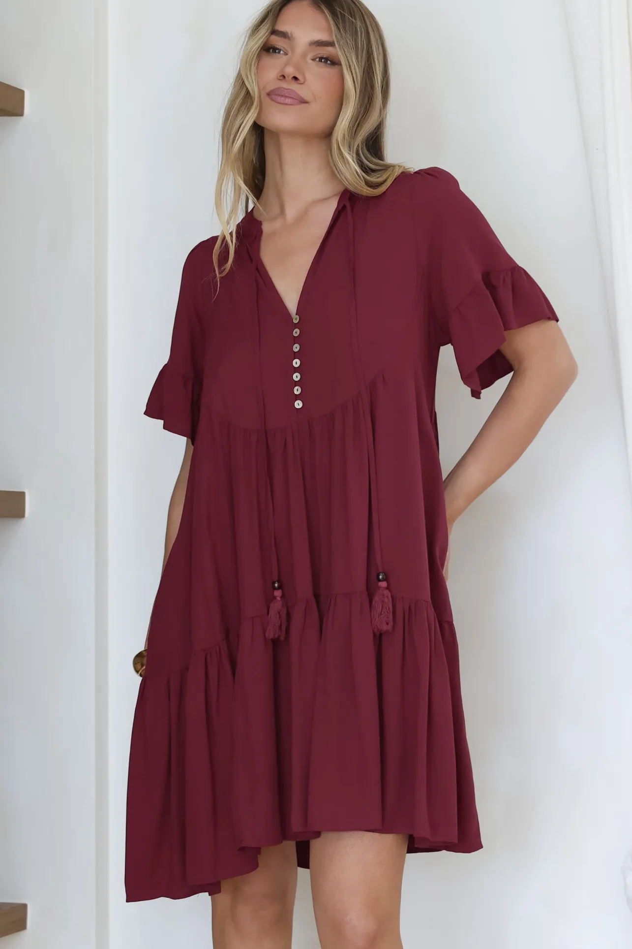 Monique Mini Dress - Mandarin Collar Smock Dress in Wine>Salty Crush Outlet