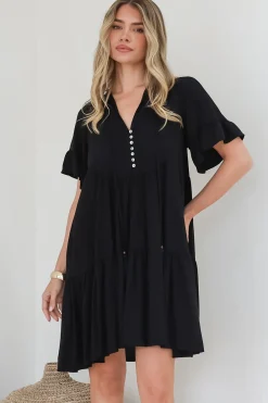 Monique Mini Dress - Mandarin Collar Smock Dress in Black>Salty Crush Outlet