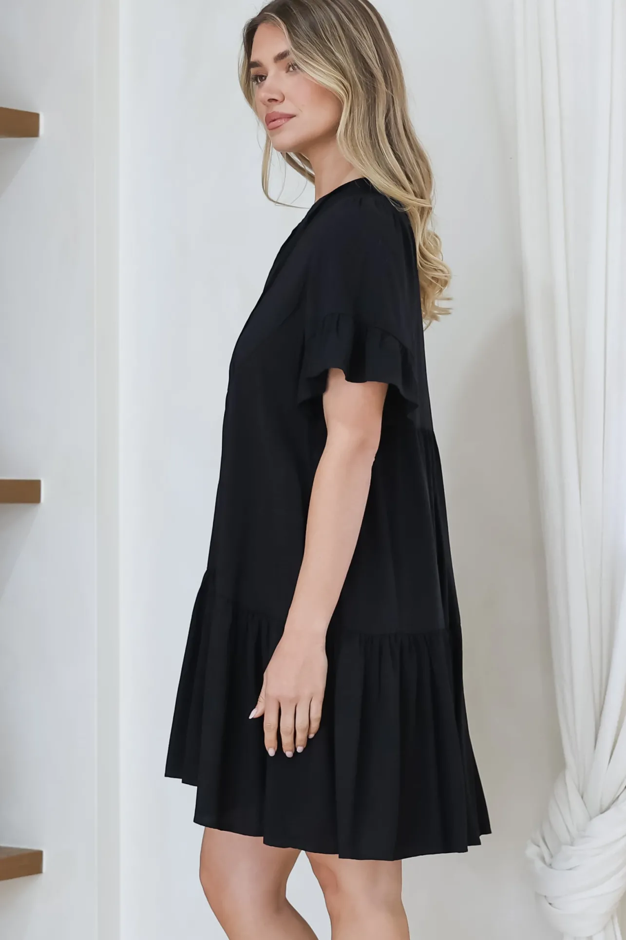 Monique Mini Dress - Mandarin Collar Smock Dress in Black>Salty Crush Outlet