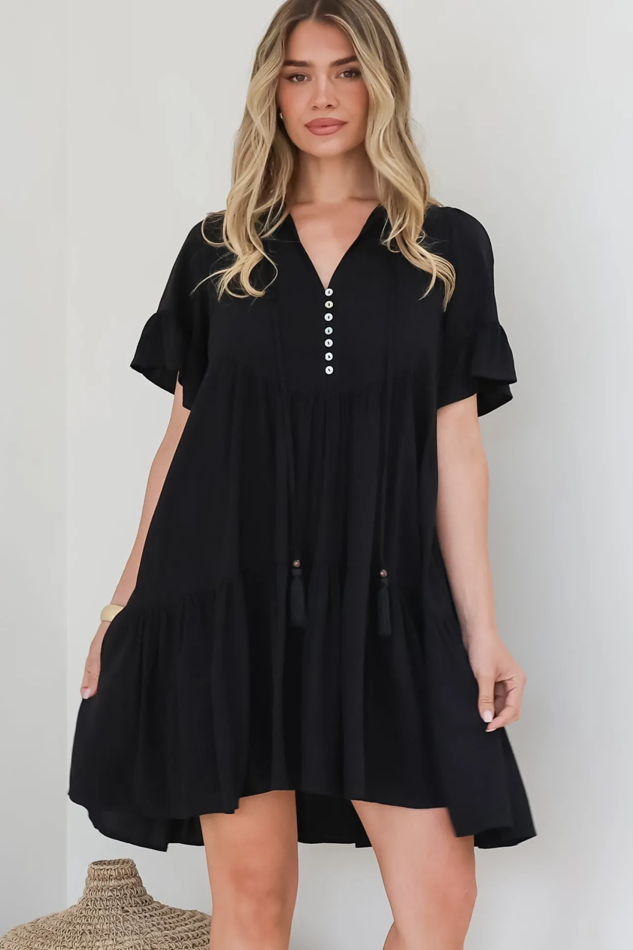 Monique Mini Dress - Mandarin Collar Smock Dress in Black>Salty Crush Outlet