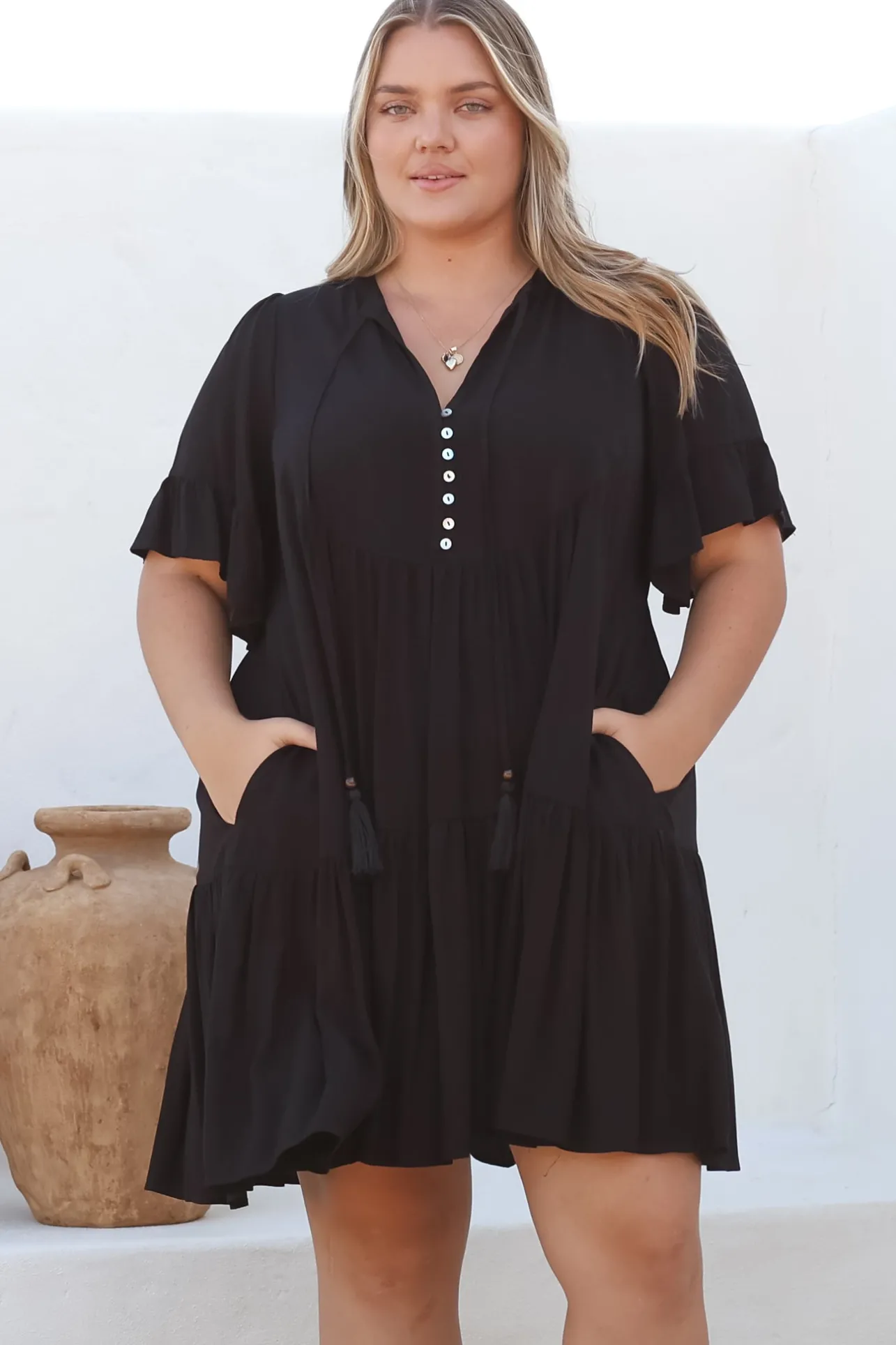 Monique Mini Dress - Mandarin Collar Smock Dress in Black>Salty Crush Outlet