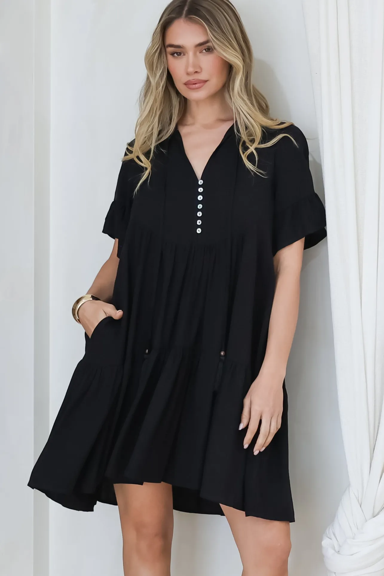 Monique Mini Dress - Mandarin Collar Smock Dress in Black>Salty Crush Outlet