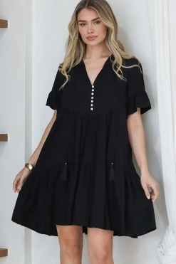 Monique Mini Dress - Mandarin Collar Smock Dress in Black><noscript><img width=