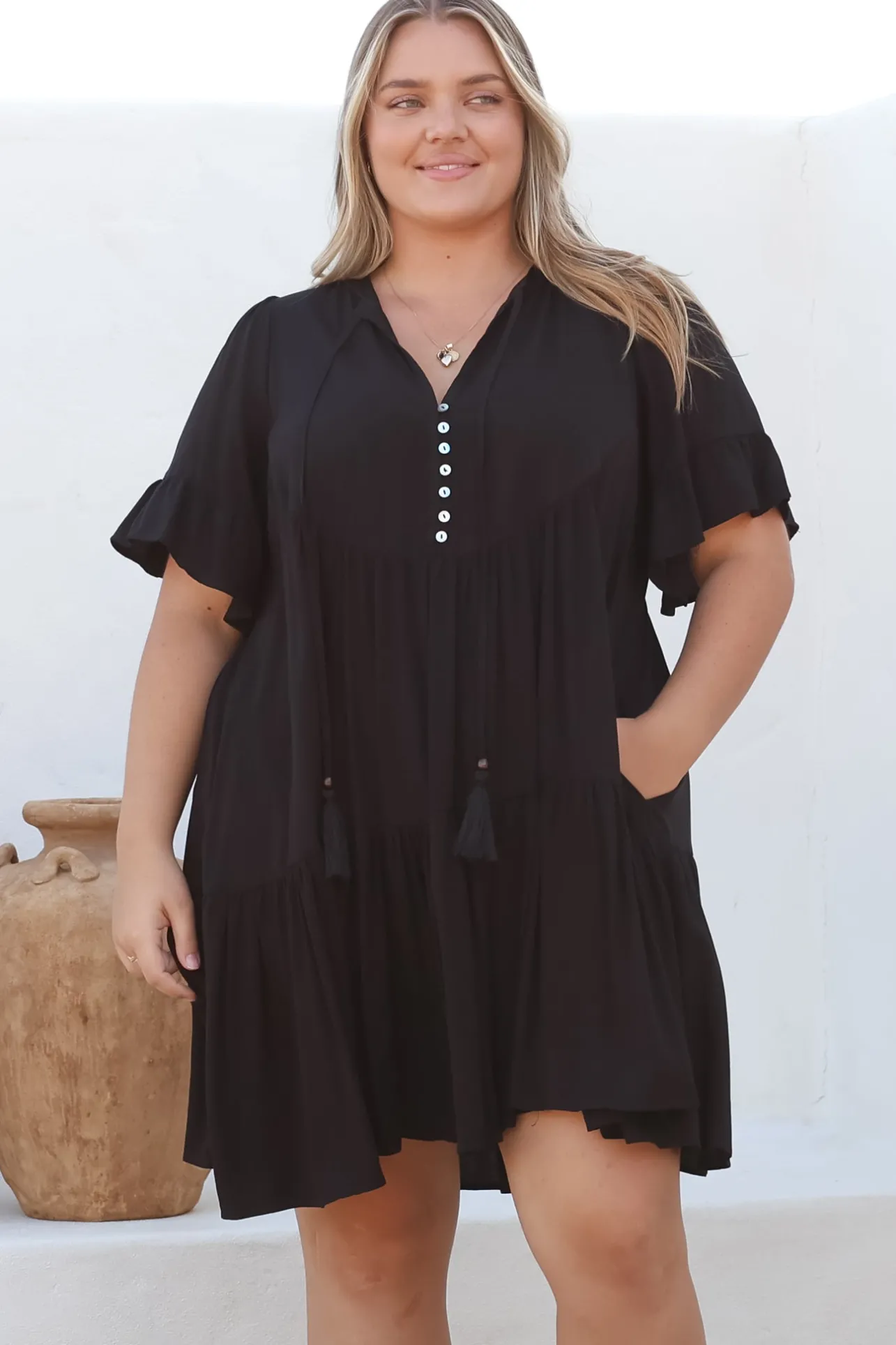 Monique Mini Dress - Mandarin Collar Smock Dress in Black>Salty Crush Outlet