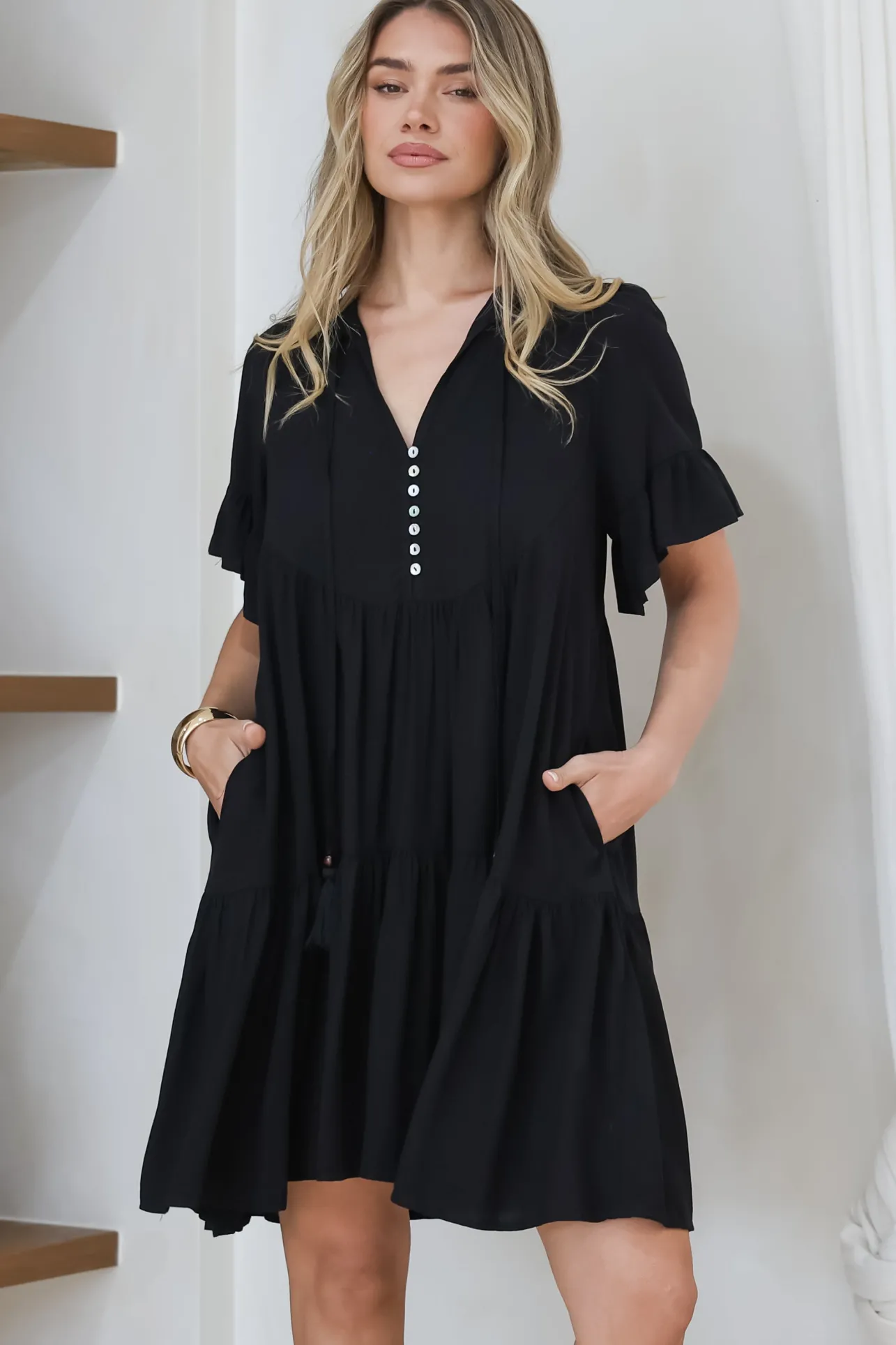 Monique Mini Dress - Mandarin Collar Smock Dress in Black>Salty Crush Outlet