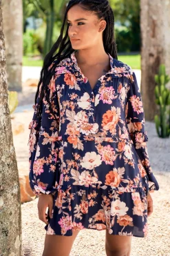 Monroe Mini Dress - Mandarin Collar with Buttoned Bodice in Navy Winter Rose Print>Jaase Outlet