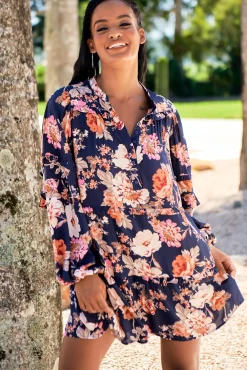 Monroe Mini Dress - Mandarin Collar with Buttoned Bodice in Navy Winter Rose Print><noscript><img width=