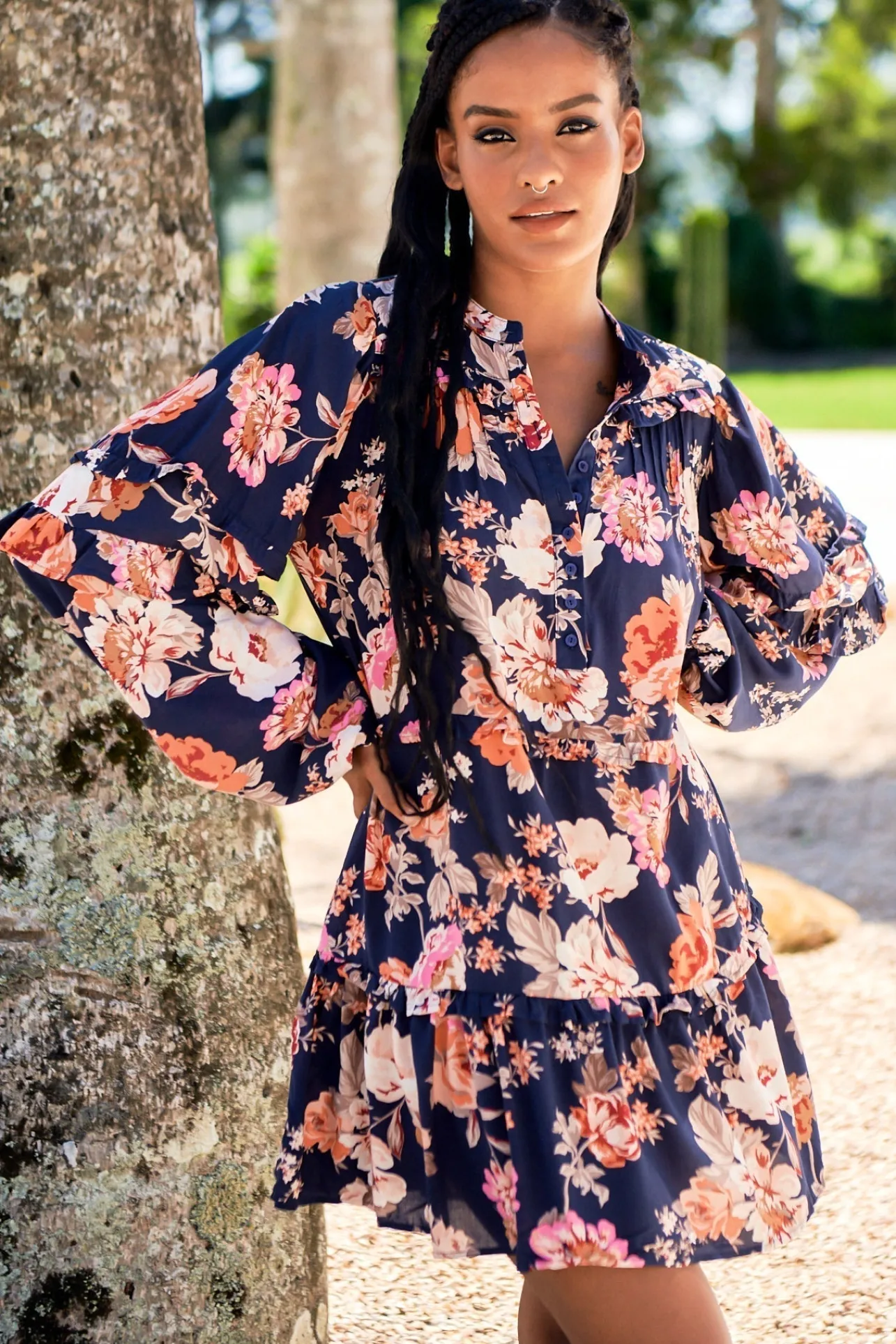 Monroe Mini Dress - Mandarin Collar with Buttoned Bodice in Navy Winter Rose Print>Jaase Outlet