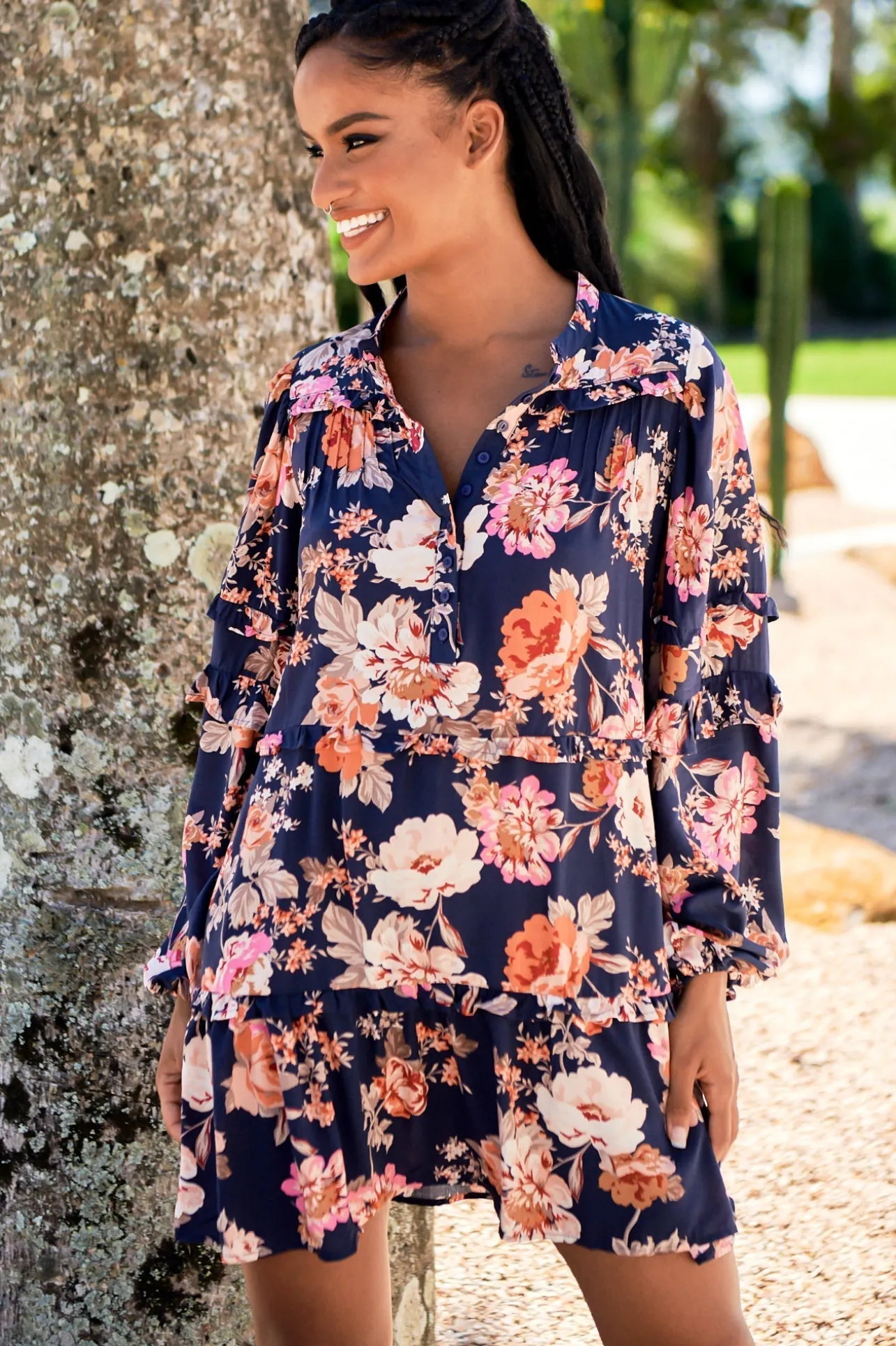 Monroe Mini Dress - Mandarin Collar with Buttoned Bodice in Navy Winter Rose Print>Jaase Outlet