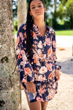 Monroe Mini Dress - Mandarin Collar with Buttoned Bodice in Navy Winter Rose Print><noscript><img width=