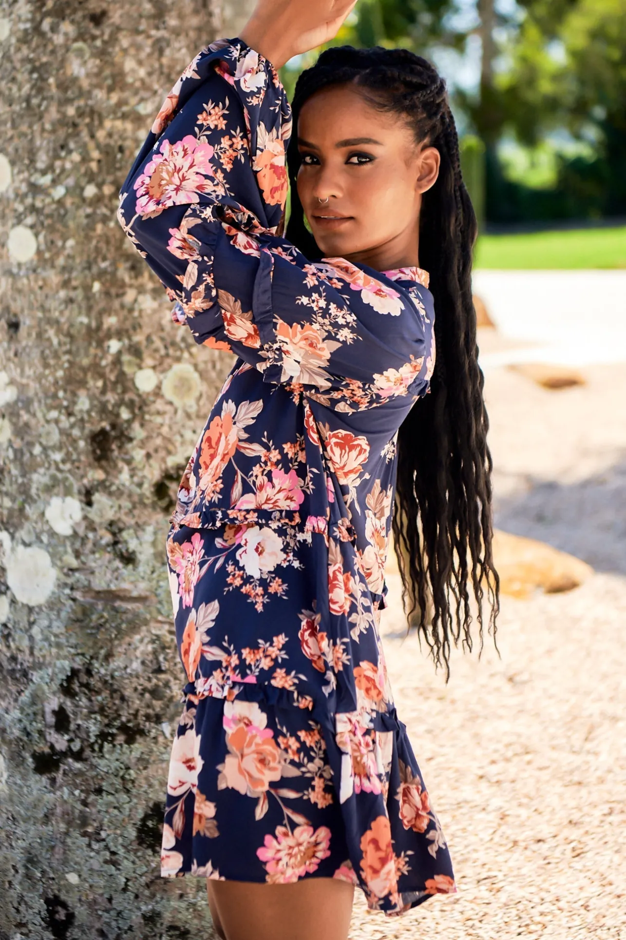 Monroe Mini Dress - Mandarin Collar with Buttoned Bodice in Navy Winter Rose Print>Jaase Outlet