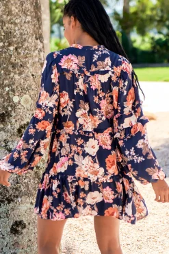 Monroe Mini Dress - Mandarin Collar with Buttoned Bodice in Navy Winter Rose Print><noscript><img width=