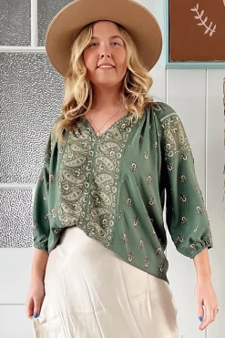 Montie Blouse - Mandarin Collar Lace Trim Detailed Top in Viridian Print><noscript><img width=