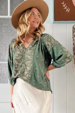 Montie Blouse - Mandarin Collar Lace Trim Detailed Top in Viridian Print><noscript><img width=
