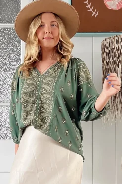 Montie Blouse - Mandarin Collar Lace Trim Detailed Top in Viridian Print><noscript><img width=