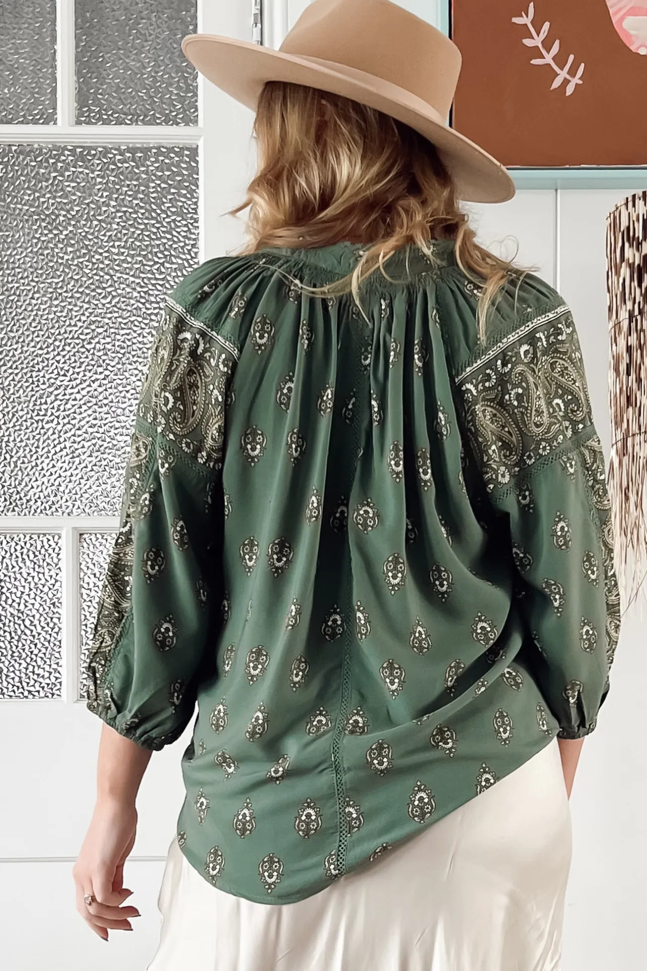 Montie Blouse - Mandarin Collar Lace Trim Detailed Top in Viridian Print>Jaase Outlet