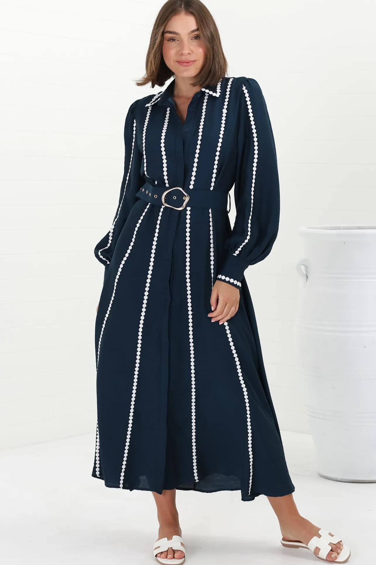 Monty Maxi Dress - Contrast Detailing Button Down Dress with Belt in Navy>Salty Crush