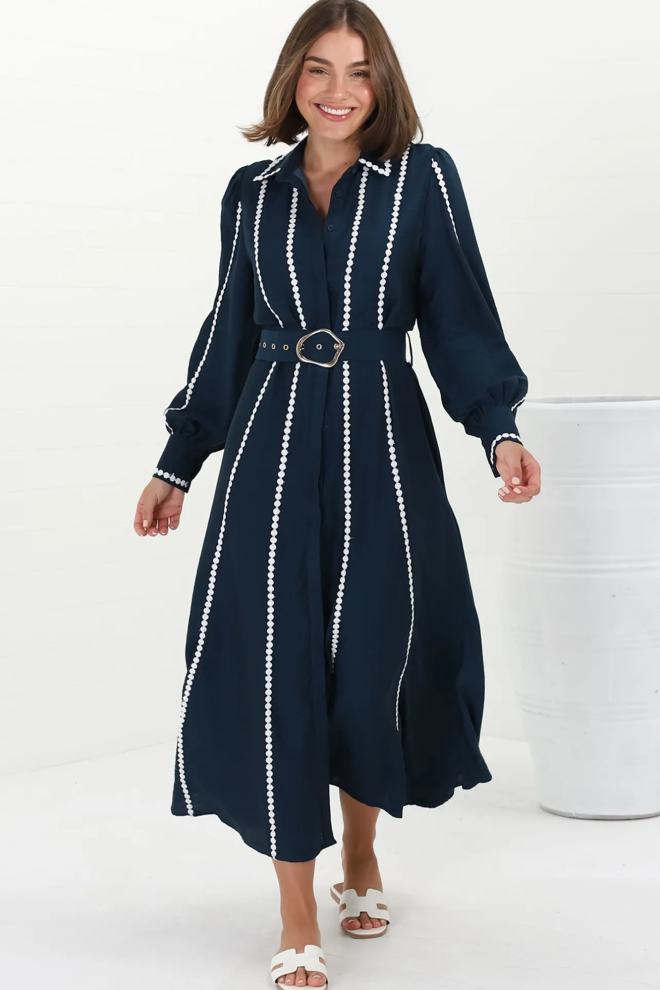Monty Maxi Dress - Contrast Detailing Button Down Dress with Belt in Navy>Salty Crush