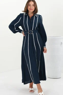 Monty Maxi Dress - Contrast Detailing Button Down Dress with Belt in Navy><noscript><img width=