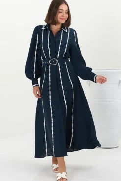 Monty Maxi Dress - Contrast Detailing Button Down Dress with Belt in Navy><noscript><img width=