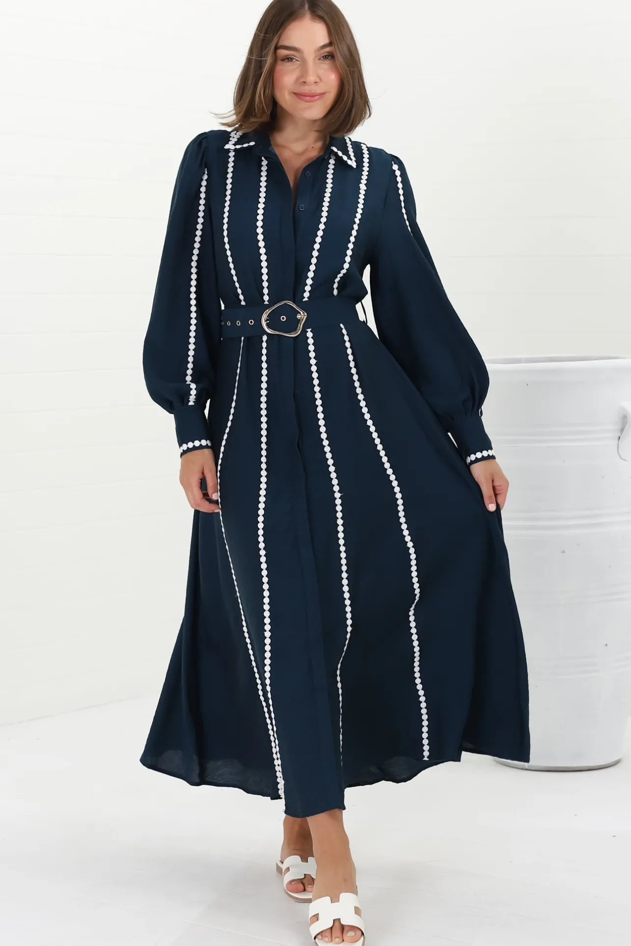 Monty Maxi Dress - Contrast Detailing Button Down Dress with Belt in Navy>Salty Crush
