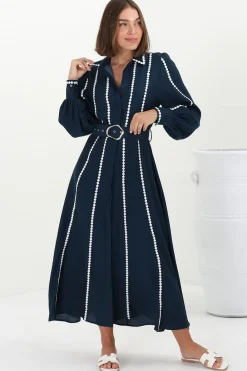 Monty Maxi Dress - Contrast Detailing Button Down Dress with Belt in Navy><noscript><img width=