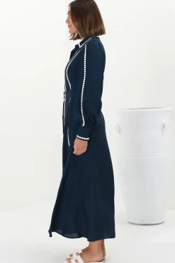 Monty Maxi Dress - Contrast Detailing Button Down Dress with Belt in Navy><noscript><img width=