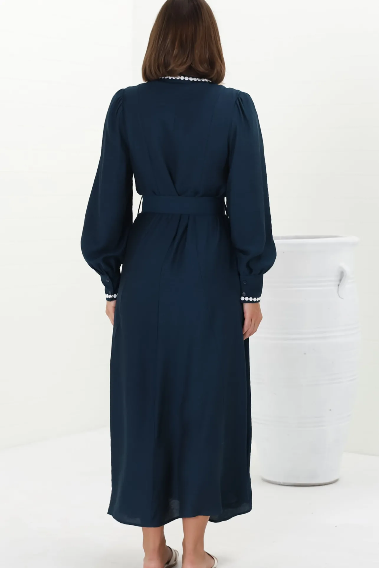 Monty Maxi Dress - Contrast Detailing Button Down Dress with Belt in Navy>Salty Crush