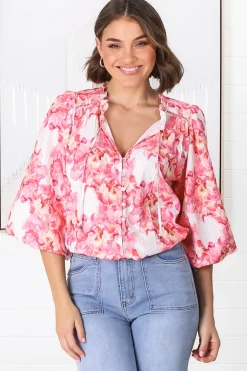 Moree Blouse - Frill Collar Neck Tie Button Down Shirt in Franc Print Pink>Salty Crush Online