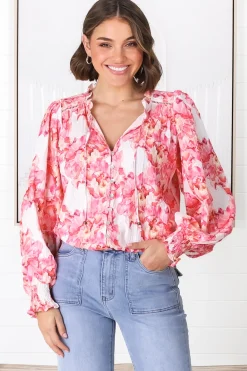 Moree Blouse - Frill Collar Neck Tie Button Down Shirt in Franc Print Pink><noscript><img width=