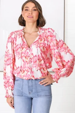 Moree Blouse - Frill Collar Neck Tie Button Down Shirt in Franc Print Pink><noscript><img width=