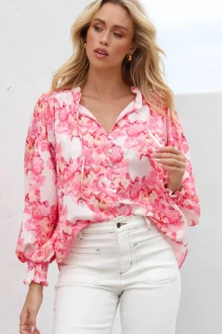 Moree Blouse - Frill Collar Neck Tie Button Down Shirt in Franc Print Pink><noscript><img width=