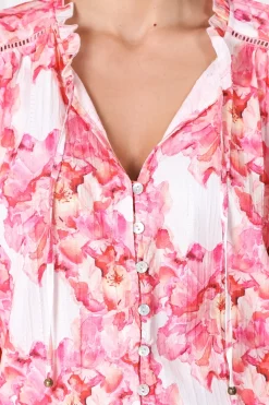 Moree Blouse - Frill Collar Neck Tie Button Down Shirt in Franc Print Pink><noscript><img width=