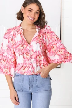 Moree Blouse - Frill Collar Neck Tie Button Down Shirt in Franc Print Pink><noscript><img width=